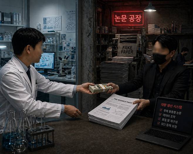 돈을 받고 가짜 논문을 만들어주는 논문 공장이 기승을 부리고 있다. 이들이 판매하는 제1 저자 자격의 중간 가격은 약 800달러(한화 118만원)였으며, 논문의 가치나 저널의 지명도에 따라 5600달러(827만원) 이상까지 거래되고 있었다./챗GPT 생성 이미지