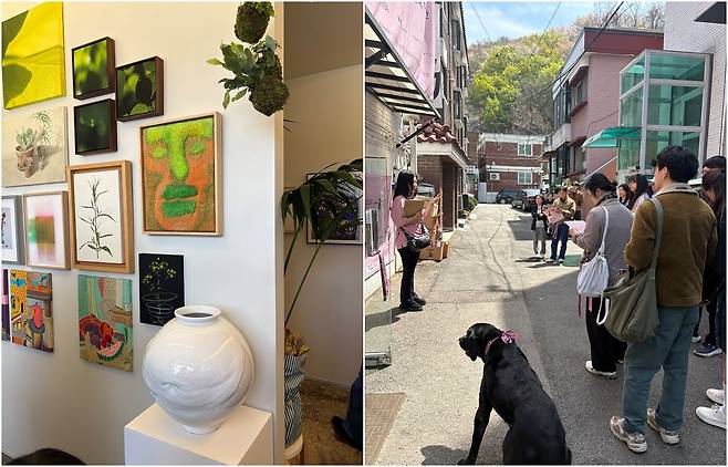 홍연길 갤러리 골목에는 작고 개성있는 갤러리들이 오밀조밀 밀집돼 있다. 도슨트를 따라 갤러리를 탐방하는 '그림사러 산책'에 참가한 관람객들. 이소진 기자