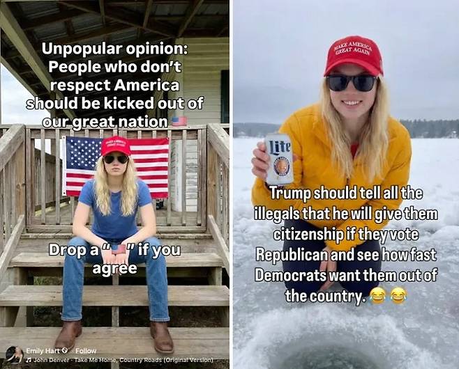 인도의 한 대학생이 AI를 활용해 도널드 트럼프 미국 대통령과 보수 진영을 지지하는 '마가(MAGA)'여성 인플루언서를 만들어 매달 수천 달러를 벌어들였던 것으로 드러났다. /사진=에밀리 하트 SNS 계정 갈무리