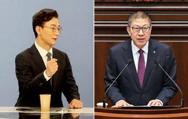 더불어민주당 6·3 부산시장 후보인 전재수 의원이 지난 22일 KBS 시사교양 ‘사사건건’ 방송에 출연해 답변하고 있다. 오른쪽 사진은 국민의힘 부산시장 후보인 박형준 시장이 이날 부산시의회에서 추가경정예산안 제안설명을 하는 모습. 전 의원실·부산시 제공