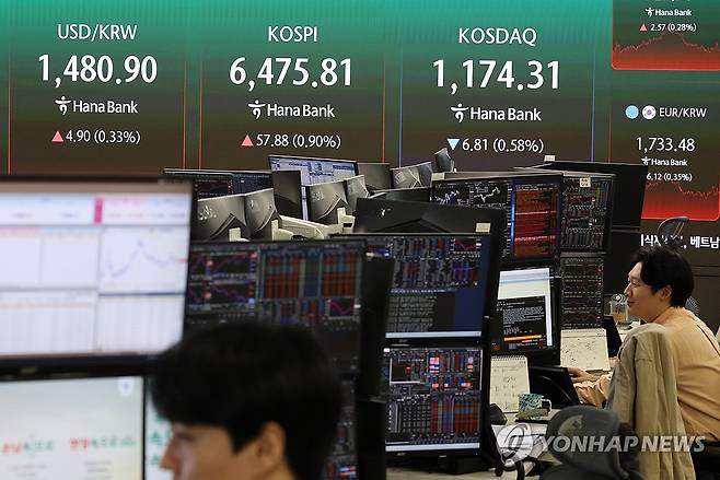 딜링룸 (서울=연합뉴스) 김주형 기자 = 지난 23일 서울 중구 하나은행 본점 딜링룸 현황판에 코스피와 코스닥, 원/달러 환율이 표시돼 있다. 
     2026.4.23 kjhpress@yna.co.kr