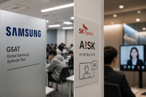 삼성전자 GSAT 시험장과 SK하이닉스 AI 화상 인터뷰(A!SK) 전형을 대비해 표현한 이미지./챗GPT 생성