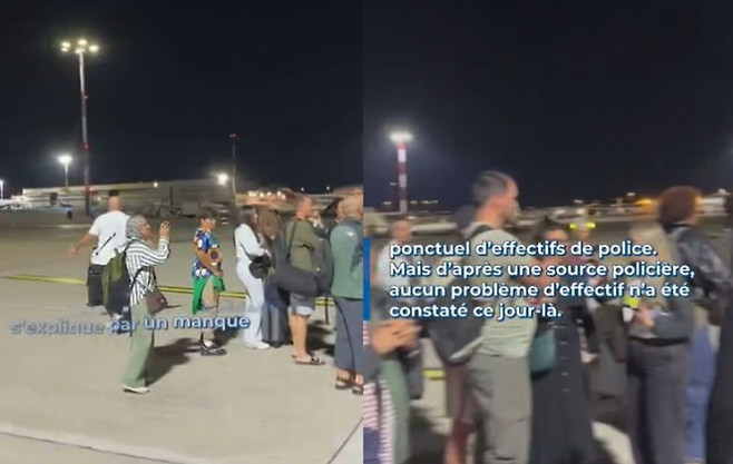 지난 18일 저녁 마르세유 프로방스 국제공항에서 출입국 심사 지연으로 탑승 게이트에 제때 도착하지 못한 승객 약 80명이 활주로를 점거했다. 틱톡 @laprovence_