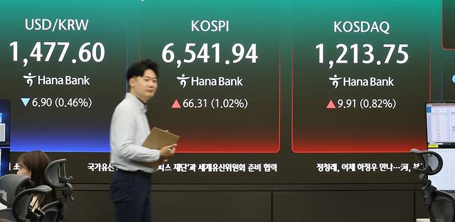 27일 서울 중구 하나은행 본점 딜링룸에서 직원들이 증시와 환율을 모니터하고 있다. 연합뉴스