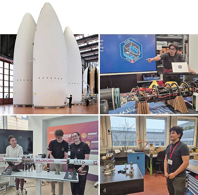 1 스위스 우주 기업 ‘비욘드 그래비티’의 엠멘 공장에 세워진 로켓 페어링. 비욘드 그래비티 2 3월 23일 ARIS에서 우주탐사 로봇을 만드는 팀 ‘폴라리스’의 부매니저 리처드 루딘(22)이 자기들이 진행한 프로젝트에 대해 설명하고 있다. 3 3월 26일 스위스 로잔연방공과대(EPFL)의 ‘MAKE 프로젝트’에 참여 중인 로켓 팀 학생들이 자기들이 만든 로켓 앞에 서 있다. 4 3월 25일 스위스 베른대 우주 연구 및 정밀 기계 실습실에서 근무 중인 2년 차 기계 기술자(Polymechanic) 견습생 루카 가우치가 설명하고 있다. /사진 김송이 기자