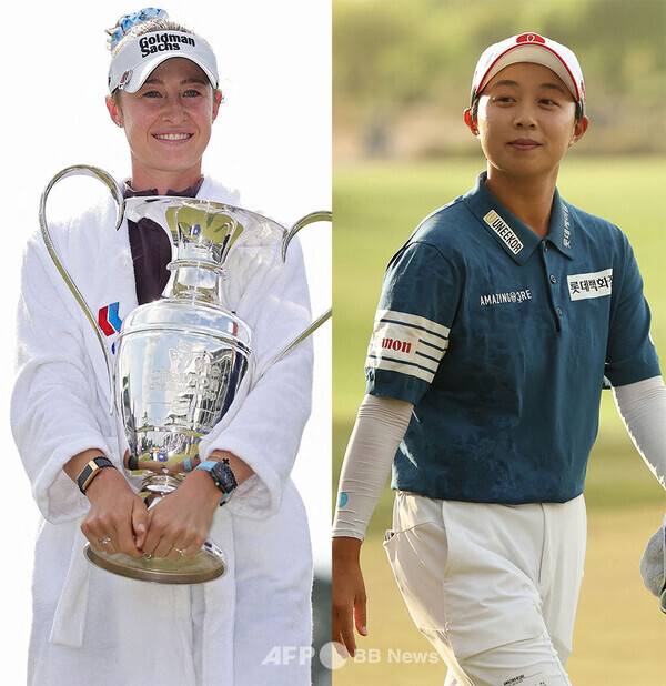 2026년 미국여자프로골프(LPGA) 투어에서 2승씩 기록한 넬리 코다, 김효주 프로. 넬리 코다 사진은 메이저 골프대회 셰브론 챔피언십 우승 트로피를 들어올린 모습이다. 사진제공=ⓒAFPBBNews = News1 (사진을 무단으로 사용하지 마십시오.)