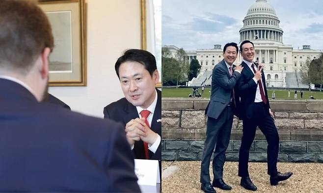 국민의힘이 지난 16일(현지시각) 장동혁 국민의힘 대표가 미국 국무부 차관보를 만났다며 공개한 사진(왼쪽)과 장 대표가 김민수 국민의힘 최고위원과 미 의회 의사당 앞에서 찍은 사진. 국민의힘 제공, 김성수 연세대 경영전문대학원 겸임교수 스레드 갈무리