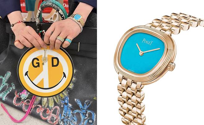 지드래곤이 착용해 화제가 된 피아제 '식스티' 워치의 터쿼이즈 버전. 한정 생산된 제품으로 현재 국내 부티크의 재고가 없는 상태다. 사진 지드래곤 SNS 계정, 피아제