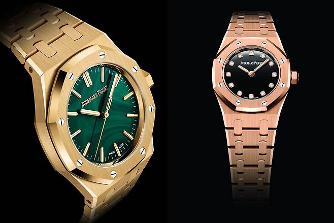 오데마 피게가 올해 'AP 소셜 클럽' 신제품 행사에서 공개한 2점의 로열 오크 모델. 왼쪽 시계엔 말라카이트 다이얼, 오른쪽 시계엔 다이아몬드를 세팅한 오닉스 다이얼을 탑재했다. 사진 오데마 피게