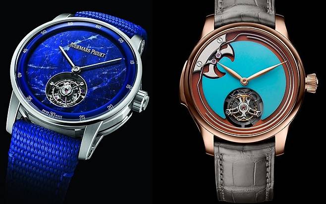 소달라이트 다이얼을 탑재한 오데마 피게의 '코드 11.59 바이 오데마 피게 셀프와인딩 플라잉 투르비용'(왼쪽)과 소리로 시간을 알리는 미니트리피터 기능을 탑재한 모저앤씨의 '인데버 컨셉 팝' 컬렉션. 터쿼이즈 원석을 다이얼로 사용했다. 사진 각 브랜드