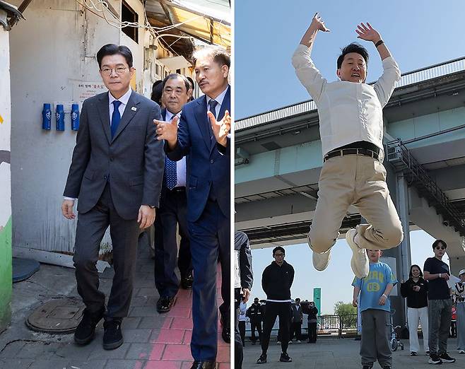 정원오 더불어민주당 서울시장 후보가 26일 서울 영등포구 쪽방촌을 살펴보고 있다(왼쪽 사진). 같은 날 국민의힘 서울시장 후보인 오세훈 서울시장이 서초구 반포한강공원에서 열린 ‘쉬엄쉬엄 모닝’ 행사에 참석해 제자리높이뛰기를 하고 있다. [뉴시스·연합뉴스]
