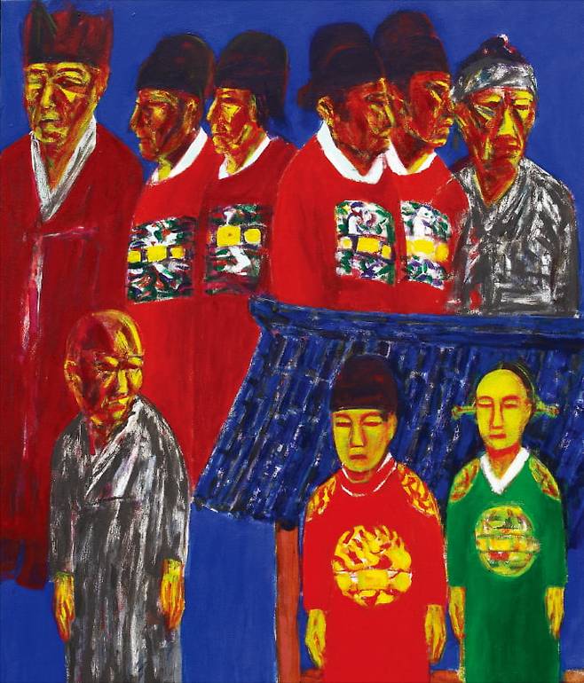 서용선의 ‘단종, 매월당’. 그림 아랫부분의 왼쪽에는 김시습이, 오른쪽에는 단종 부부가 서 있다. 위쪽의 사육신과 백성 등은 단종의 죽음을 안타깝게 바라보았던 조선 사람들을 상징한다.  갤러리밈 제공