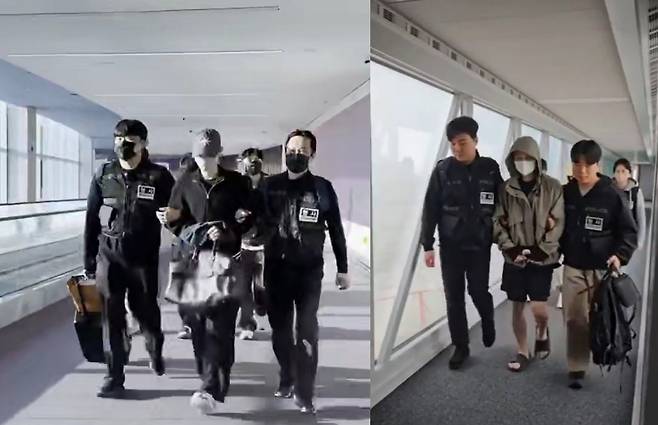 지난 3월 4일 ‘송민호파’ 조직원이 인천국제공항을 통해 송환되는 장면(왼쪽). 같은 달 17일 ‘몬돌끼리’ 조직원 국내 송환 장면(오른쪽). [경찰청 제공]