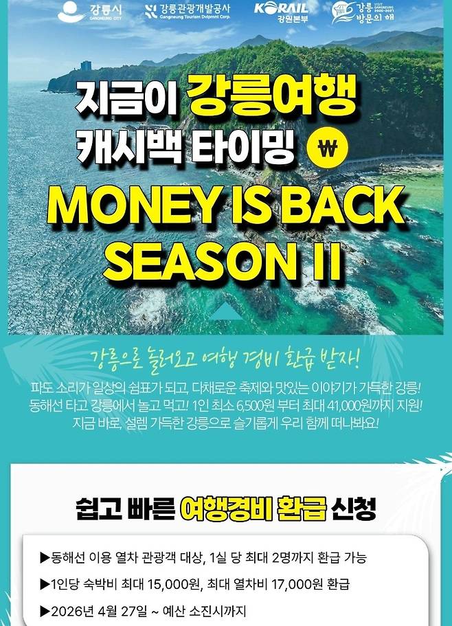강릉시, 동해선 여행경비 환급 홍보물 [강릉관광개발공사 홈페이지 캡처]