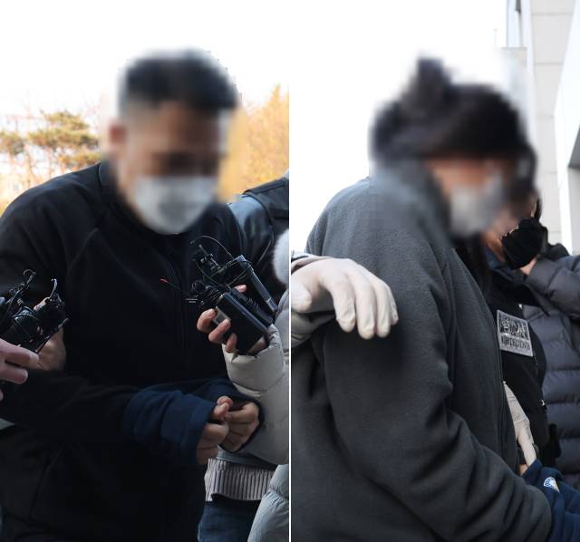 울산경찰청을 압송되는 로맨스 스캠 부부 사기단. 연합뉴스