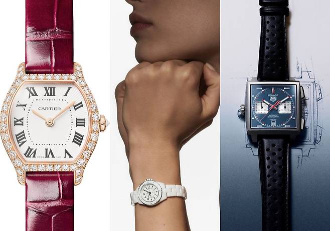 브랜드들은 박람회 공개 후 매장에서 제품을 판매하는 형식을 취했다. 십 여 년 전 패션 브랜드가 컬렉션 쇼에 선보인 옷을 바로 진열해 판매하는 'See Now, Buy Now' 전략과 닮았다. 왼쪽부터 까르띠에의 똑뛰, 샤넬 워치의 J12 28㎜, 태그호이어의 모나코 크로노그래프. 사진 각 브랜드