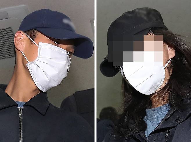 50대 장모를 살해하고 여행용 가방(캐리어)에 담아 대구 북구 신천 잠수교 인근에 버린 혐의(존속살해 등)를 받는 20대 사위(왼쪽)와 시체유기 등 범행에 가담한 20대 딸이 2일 오전 구속 전 피의자 심문(영장실질심사)을 받기 위해 대구지방법원에 도착하고 있다. 뉴스1