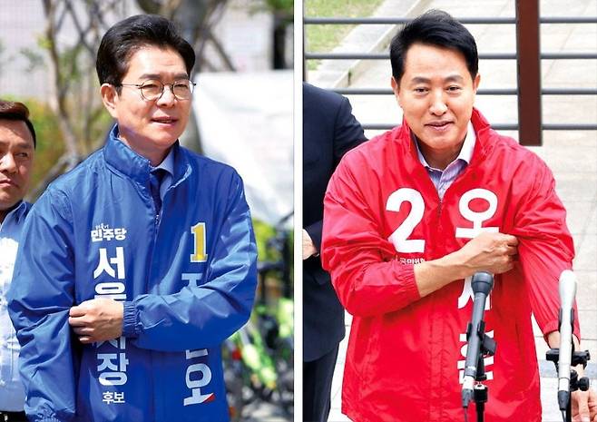 < 팔 걷은 여야 후보 > 정원오 더불어민주당 서울시장 후보(왼쪽)와 오세훈 국민의힘 서울시장 후보가 27일 선거운동에 나섰다. 정 후보는 서울 반포동 서울고속버스터미널 지하상가에서 열린 ‘서초 하나씩 착착!’ 행사에 참석했고, 오 후보는 서울시청에서 보신각까지 이동하며 시민들과 인사를 나눴다.  뉴스1