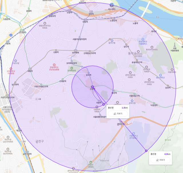 ▲<그림 2> 4km에서 1km로 배달 반경이 축소될 경우, 주문을 받을 수 있는 범위가 얼마나 줄어드는지 눈으로 확인 가능하다.