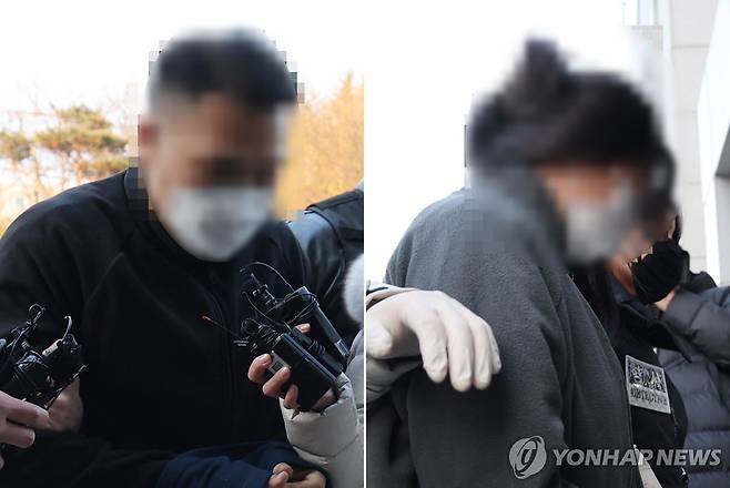울산경찰청으로 압송되는 '로맨스 스캠' 부부 사기단 [연합뉴스 자료사진]
