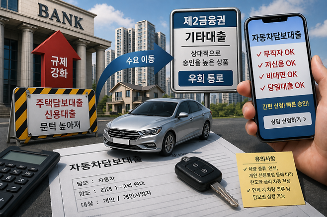 정부 규제와 금리 상승 영향으로 은행권 주택담보대출 문턱이 높아진 상황에서 차주들이 자동차담보대출 등으로 눈을 돌리는 흐름이 감지된다. 사진=ChatGPT