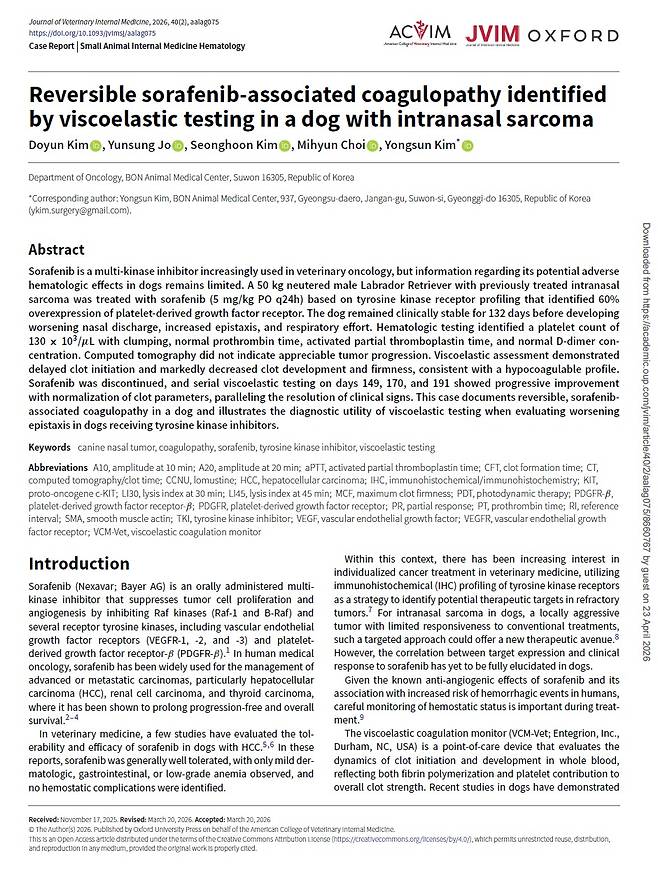 본동물의료센터 수원점 종양팀은 개 비강 육종 환자에서 정밀 항암치료를 적용한 사례를 국제 학술지 미국수의내과학회지에 발표했다(본동물의료센터 제공). ⓒ 뉴스1