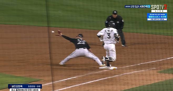 9회말 KT 최원준의 1루 비디오판독 상황. 사진=Tving, SPOTV2 영상 캡쳐