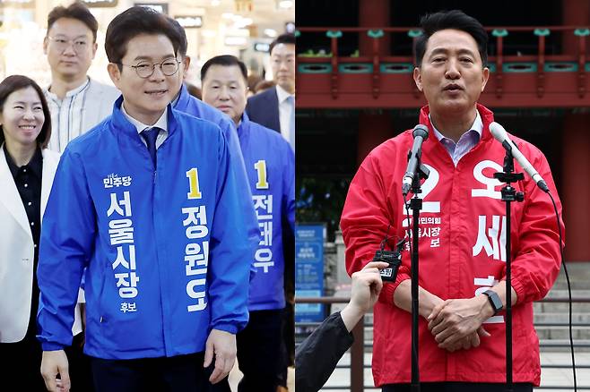사진은 정원오 더불어민주당 서울시장 후보(왼쪽)가 27일 서울 서초구 서울고속버스터미널 지하상가에서 열린 '서초 하나씩 착착!'에 참석하는 모습과 오세훈 국민의힘 서울시장 후보가 27일서울 종로구 보신각 앞에서 열린 출마 기자회견에서 발언하는 모습./뉴스1