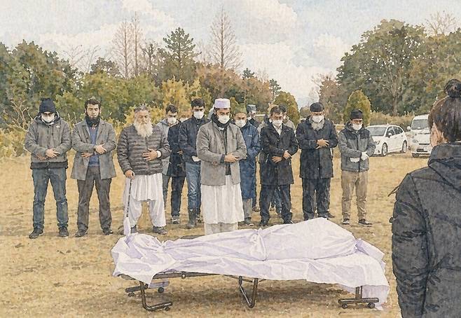 일본에 거주하는 무슬림 외국인들이 장례를 치르는 모습. 실제 장면을 참고해 생성형 인공지능(AI)으로 제작한 이미지입니다.