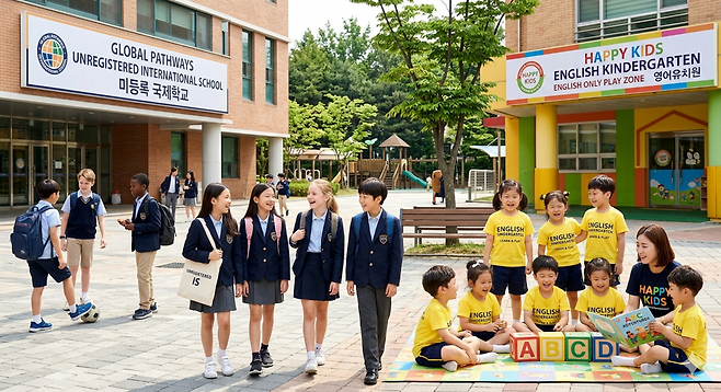 국제학교와 영어유치원에 다니는 아이들. [제미나이로 제작]