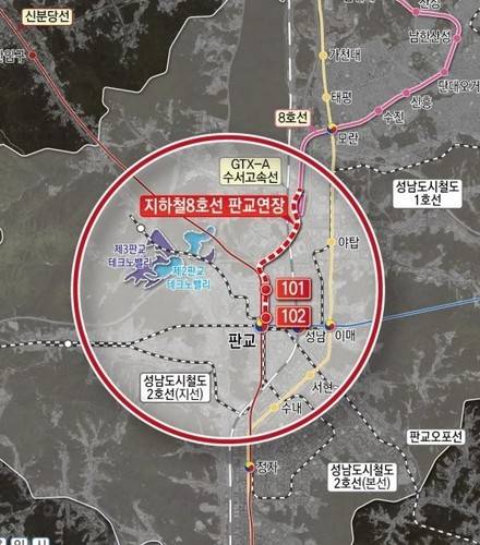 지하철 8호선 판교연장사업 노선 구상도 [성남시 제공]
