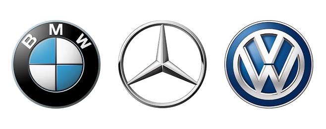 독일 3대 자동차 회사 BMW, 메르세데스-벤츠, 폭스바겐 엠블. 사진=각 사 홈페이지
