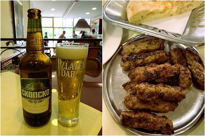 북마케도니아의 대표 맥주인 스콥스코 맥주(좌)와 오스만 제국 시대의 영향을 받은 고기 요리인 ‘체바피’(우)