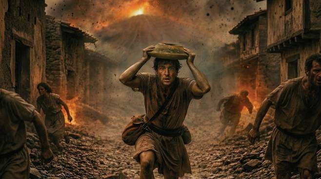 27일(현지 시간) 이탈리아 폼페이 고고학 공원이 서기 79년 베수비오 화산 폭발 당시 숨진 남성의 유해(위쪽 사진)를 인공지능(AI)으로 복원한 이미지를 공개했다.
사진 출처 폼페이 고고학 공원 홈페이지