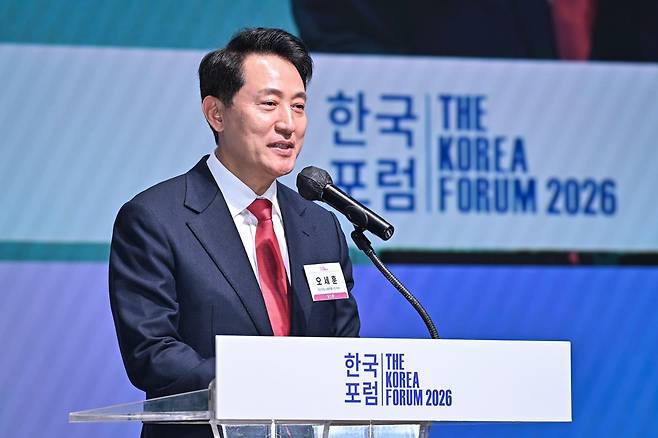 오세훈 국민의힘 서울시장 후보가 30일 서울 중구 대한상공회의소에서 열린 2026 한국포럼2026 'K컬처, 세계를 잇는 새로운 문법'에서 축사를 하고 있다. 정다빈 기자