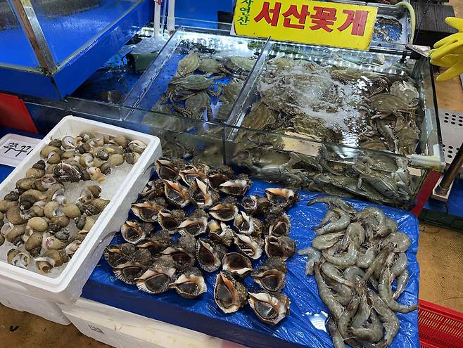 노량진수산시장에 가득 놓인 소라와 꽃게./사진=하다임 인턴기자
