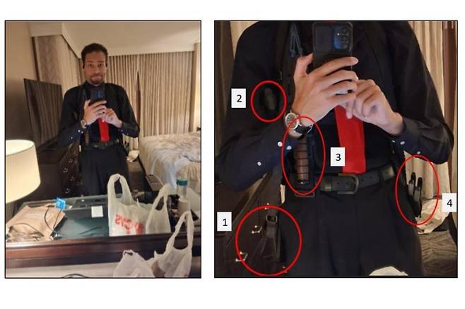 29일(현지시간) 미 검찰이 법원에 제출한 자료에 따르면 지난 25일 백악관 만찬장에서 총격 사건을 벌인 용의자 콜 앨런(31)은 범행 전 워싱턴의 한 호텔 객실 안에서 휴대전화로 거울 셀카를 촬영했다. [로이터·AP]