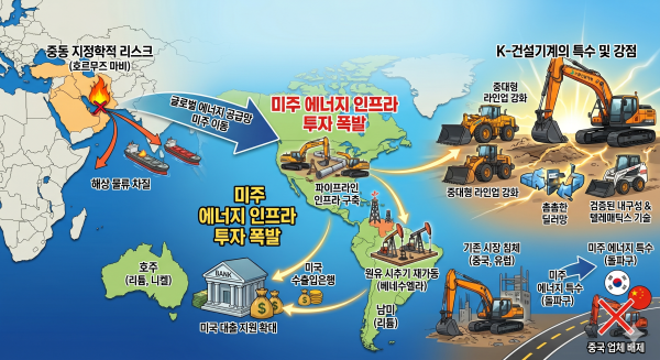 중동 지정학 리스크로 발생한 해상 물류 마비가 글로벌 에너지 공급망의 무게중심을 미주 대륙으로 이동시키면서 K-건설기계 업계가 새로운 호황기를 맞이할 조짐을 보이고 있다./사진=제미나이