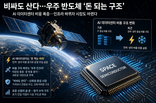 AI 데이터센터 비용 구조가 전력과 냉각 중심으로 변화하면서 우주 반도체가 새로운 인프라 해법으로 부상하고 있다./ChatGPT생성 이미지.