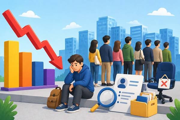 2026년 1분기 청년 고용률이 43.5%로 코로나19 이후 최저 수준을 기록했고, 20~30대 미취업 청년은 171만 명에 달하며 임시·단기·불완전 취업이 확대되는 등 구조적 고용 위기에 빠졌다. AI생성