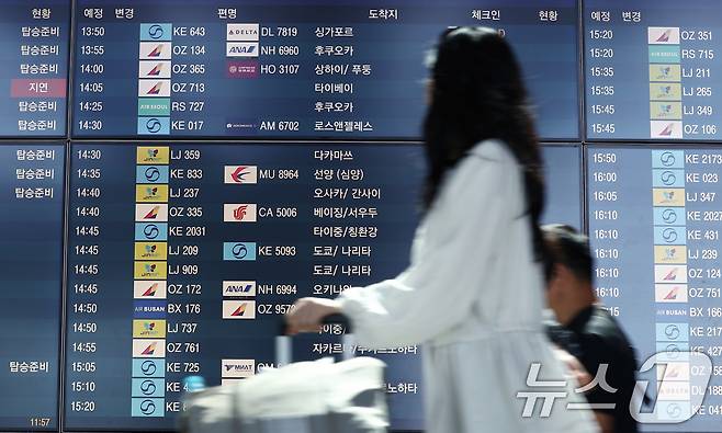 고유가 상황에서 여름철 성수기를 앞두고 여행 수요가 전반적으로 줄고 있는 가운데 19일 오후 인천국제공항에서 한 시민이 항공편을 보고 있다. 여행·항공업계에 따르면 5월 국제선 유류할증료 기준이 되는 싱가포르 항공유 평균값(MOPS)이 갤런당 511.21센트(배럴당 214.71달러)를 기록하며, 최고 단계인 33단계가 확정되면서 여름철 성수기를 앞두고 해외여행 수요 위축에 대한 우려가 커지고 있다. 2026.4.19 ⓒ 뉴스1 김민지 기자