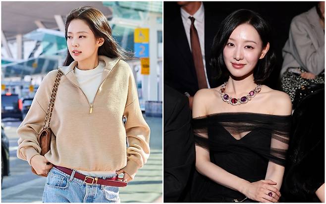 지난 3월 해외 출국길에 마티유 블라지의 샤넬 공방 컬렉션 의상을 착용하고 나타난 샤넬 앰버서더 제니. 불가리 앰버서더인 배우 김지원이 지난 3월 이탈리아 밀라노에서 열린 하이주얼리 쇼에서 포즈를 취한 모습. /샤넬·불가리