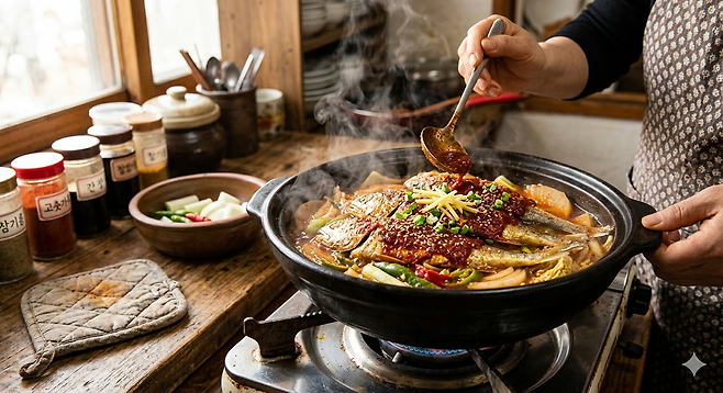 굴비찜을 조리할 땐 양념을 한 번에 많이 넣기보다 적당량을 나눠 넣으면 간이 고르게 배어 더욱 깊은 맛을 낼 수 있다. 구글 '제미나이' 생성 이미지