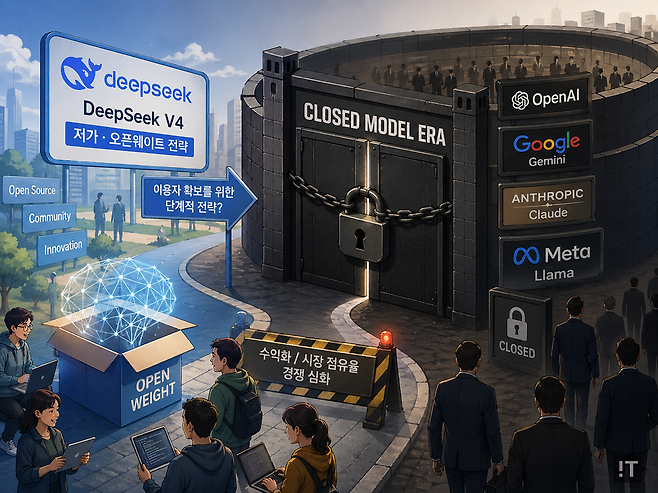 중국 인공지능(AI) 기업 딥시크(DeepSeek)가 신규 모델 '딥시크 V4'를 공개하며 저가·오픈웨이트 전략을 내세웠지만, 업계에서는 이용자 확보를 위한 단계적 전략에 가깝다는 분석이 나온다. &nbsp;/ 챗GPT 생성