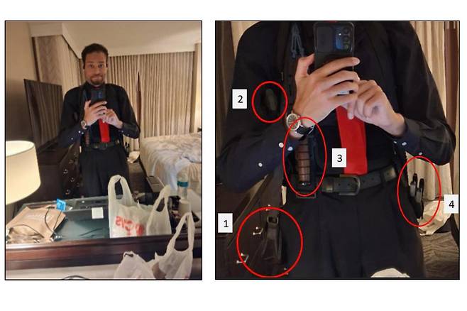 사진은 미국 법무부(DOJ)가 2026년 4월 29일 법원에 제출한 서류에 포함된 자료.  사진 속 인물은 백악관 출입기자단 만찬 총격 사건의 용의자 콜 토머스 앨런으로, 사건 당일인 2026년 4월 25일 토요일 워싱턴의 호텔 객실에서 거울에 비친 자신의 모습을 휴대폰으로 촬영한 장면이다.  왼쪽이 원본이고, 오른쪽은 화질을 개선해 선명하게 만든 버전이다. 미법무부 제공 AP 뉴시스.
