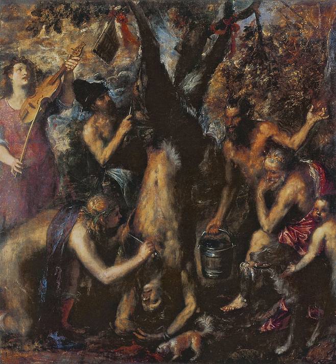'마르시아스의 처형'(1570~1576). 티치아노 말년 양식의 정점. 형태가 흐릿해지고 붓질은 거칠어 가까이 보면 물감 덩어리에 가깝다. 당대에는 "다 안 그렸다"는 비판을 받았지만, 이 거친 붓질은 100년 뒤 렘브란트의 두꺼운 임파스토, 벨라스케스의 빠른 터치로 이어졌고 19세기 인상주의의 씨앗이 됐다. /체코 크로메리지 대주교궁 미술관