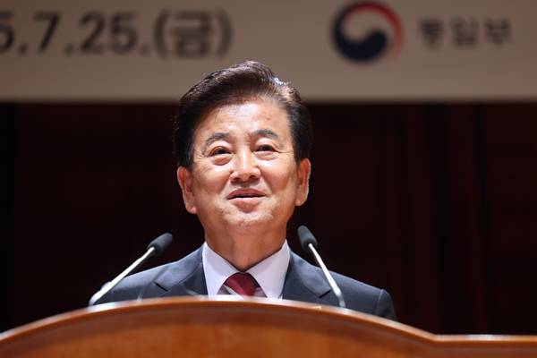▲ 2025년 7월25일 정동영 신임 통일부 장관이 서울 종로구 정부서울청사 별관에서 열린 취임식에서 취임사를 하고 있다. ⓒ연합뉴스