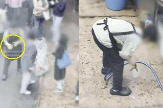 서울 광장시장에서 한 음식점 직원이 쓰레기통에 버려진 얼음 컵을 꺼내 재사용했다는 주장이 제기됐다. /사진=JTBC '사건반장' 캡처