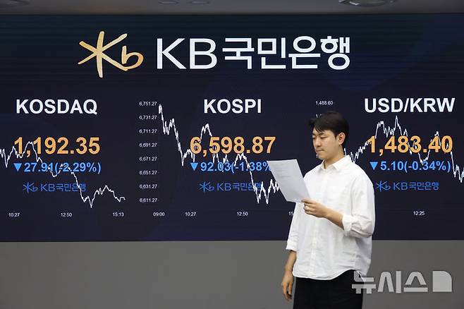 [서울=뉴시스] 고승민 기자 = 코스피가 전 거래일(6690.90)보다 92.03포인트(1.38%) 내린 6598.87에 마감한 30일 서울 여의도 kb국민은행 딜링룸에서 관계자가 업무를 보고 있다.코스닥 지수는 전 거래일(1220.26)보다 27.91포인트(2.29%) 하락한 1192.35에 거래를 마쳤다. 서울 외환시장에서 원·달러 환율은 전 거래일(1479.0원)보다 4.3원 오른 1483.3원에 주간 거래를 마감했다. 2026.04.30. kkssmm99@newsis.com