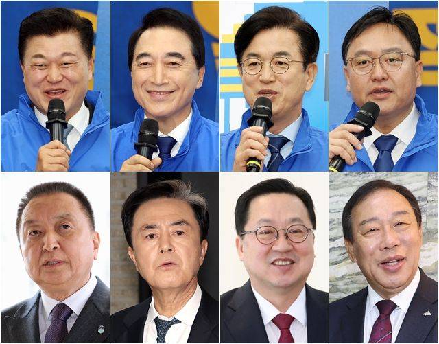 (첫 번째 줄 왼쪽부터) 더불어민주당 신용한 충북도지사 후보·박수현 충남도지사 후보·허태정 대전시장 후보·조상호 세종시장 후보. (두 번째 줄 왼쪽부터) 국민의힘 김영환 충북도지사 후보, 김태흠 충남도지사 후보, 이장우 대전시장 후보, 최민호 세종시장 후보 ⓒ데일리안 홍금표 기자·뉴시스
